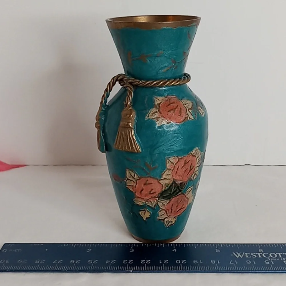 MCM Vintage Hand Painted Floral Brass Vase